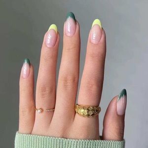 Short Green and Yellow French Tip Almond Press On Nails| Almond shape press on